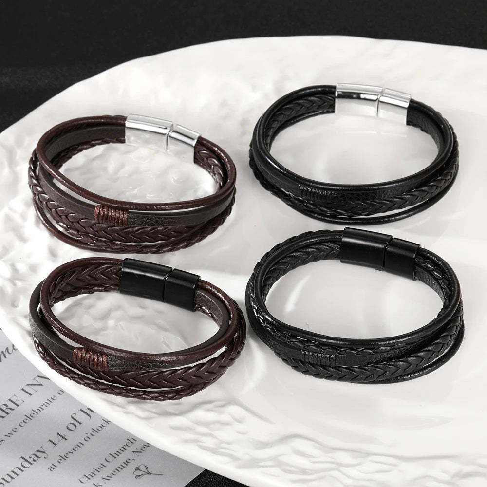 Bracelet Ambre – Cuir tressé noir & brun (mixte)