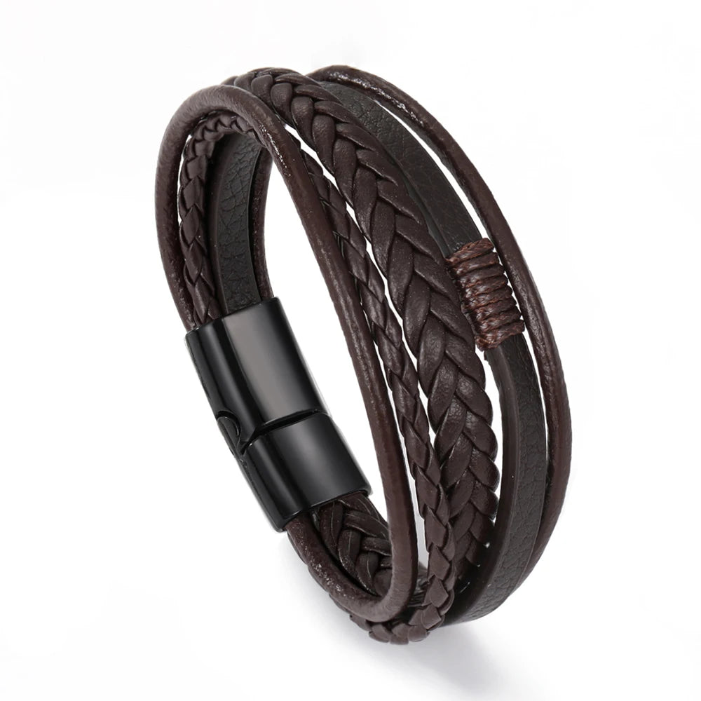 Bracelet Ambre – Cuir tressé noir & brun (mixte)