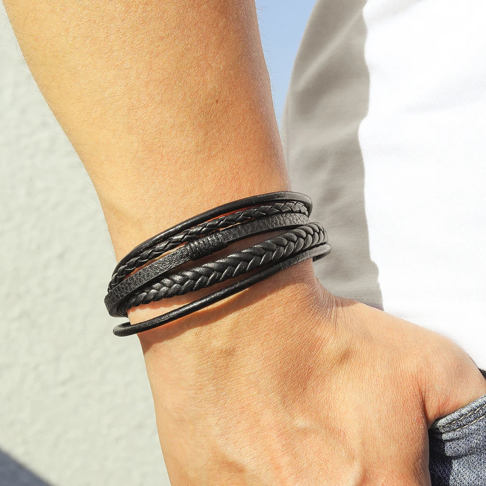Bracelet Ambre – Cuir tressé noir & brun (mixte)