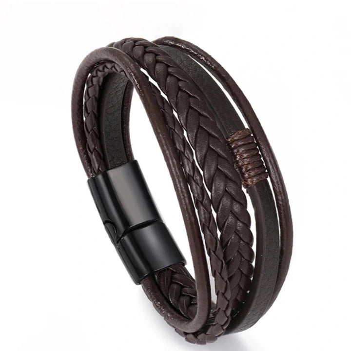 Bracelet Ambre – Cuir tressé noir & brun (mixte)