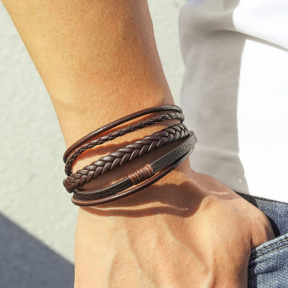 Bracelet Ambre – Cuir tressé noir & brun (mixte)
