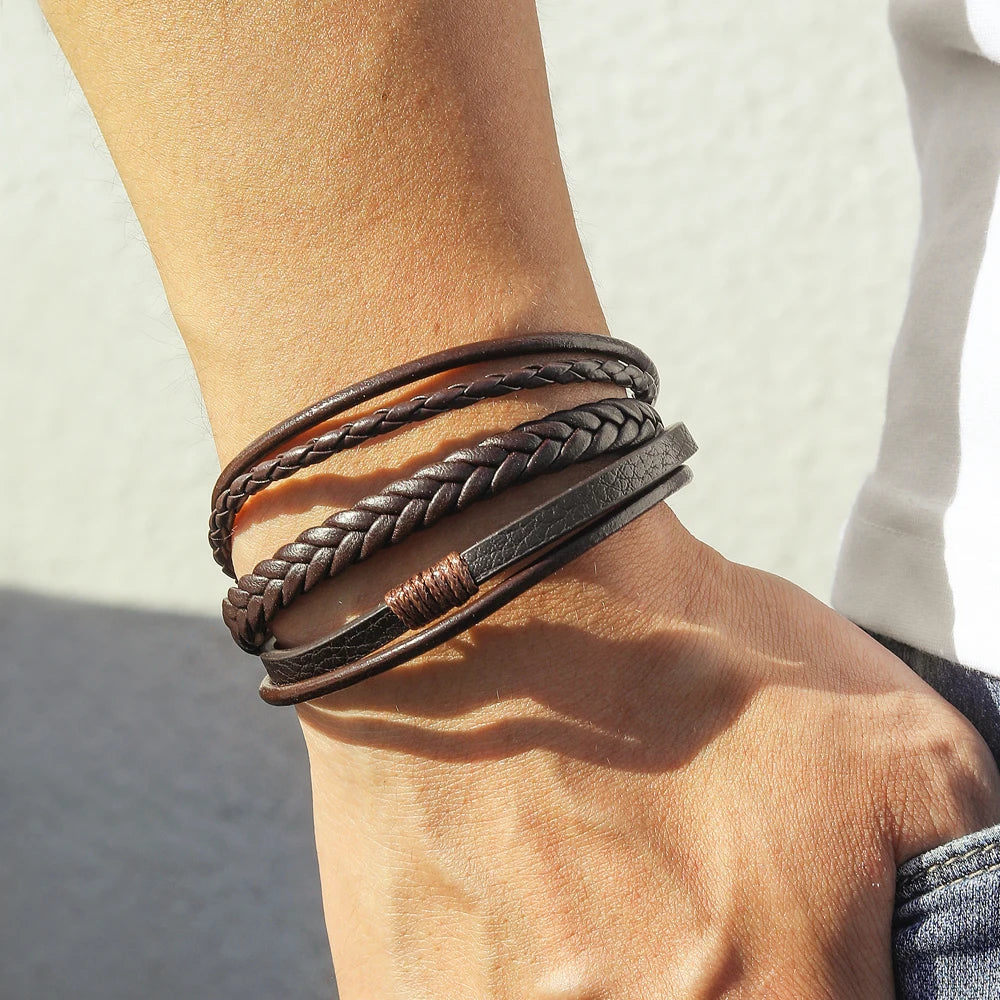 Bracelet Ambre – Cuir tressé noir & brun (mixte)