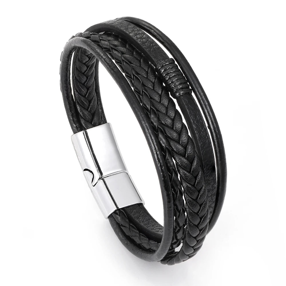 Bracelet Ambre – Cuir tressé noir & brun (mixte)