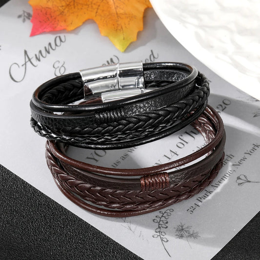 Bracelet Ambre – Cuir tressé noir & brun (mixte)