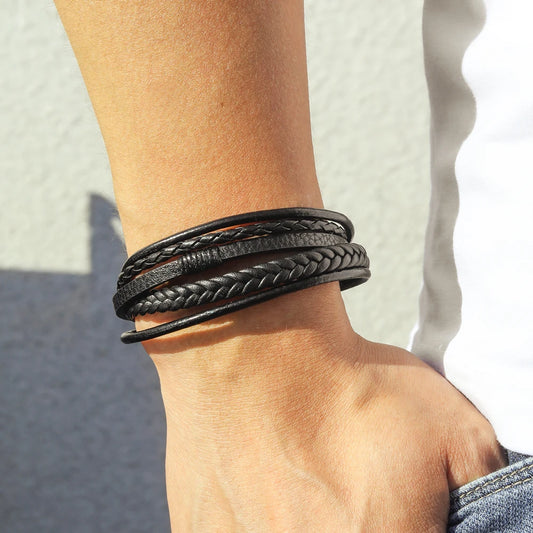 Bracelet Ambre – Cuir tressé noir & brun (mixte)